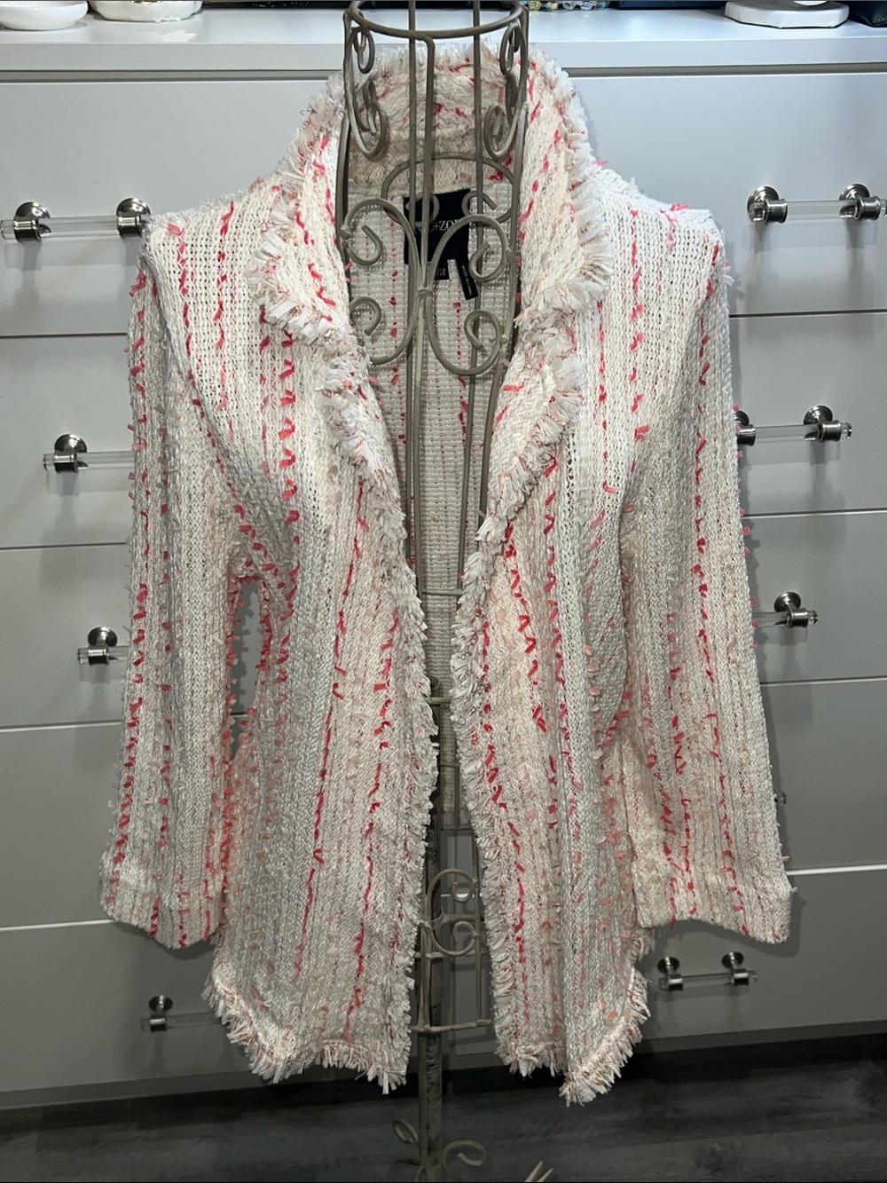 NIC+ZOE Ivory Open-Front Blazer with Pink Stripes, size medium petite